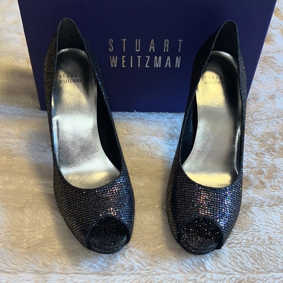 Stuart Weitzman Glitter Holographic Peep Toe Heels Pumps - Picture 5 of 7